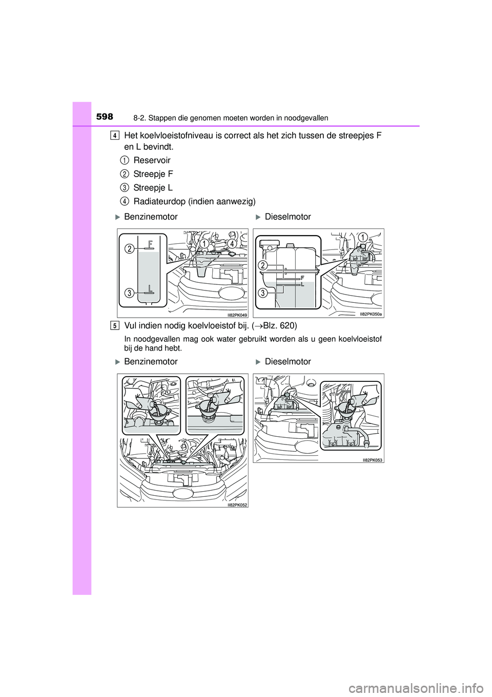 TOYOTA HILUX 2016 Instructieboekje (in Dutch) 5988-2. Stappen die genomen moeten worden in noodgevallen
HILUX_OM_OM0K269E_(EE)
Het koelvloeistofniveau is correct als het zich tussen de streepjes F
en L bevindt.Reservoir
Streepje F
Streepje L
Radi TOYOTA HILUX 2016 Instructieboekje (in Dutch) 5988-2. Stappen die genomen moeten worden in noodgevallen
HILUX_OM_OM0K269E_(EE)
Het koelvloeistofniveau is correct als het zich tussen de streepjes F
en L bevindt.Reservoir
Streepje F
Streepje L
Radi