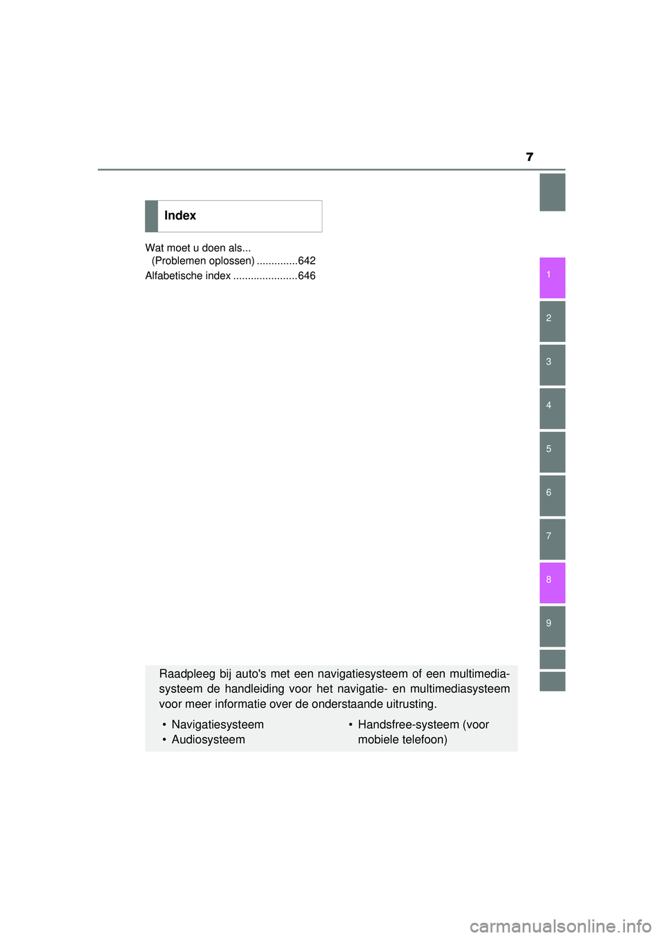 TOYOTA HILUX 2016  Instructieboekje (in Dutch) 7
1
9 8 6 5
4
3
2
HILUX_OM_OM0K269E_(EE)
7
Wat moet u doen als... (Problemen oplossen) ..............642
Alfabetische index ......................646
Index
Raadpleeg bij autos met een navigatiesystee