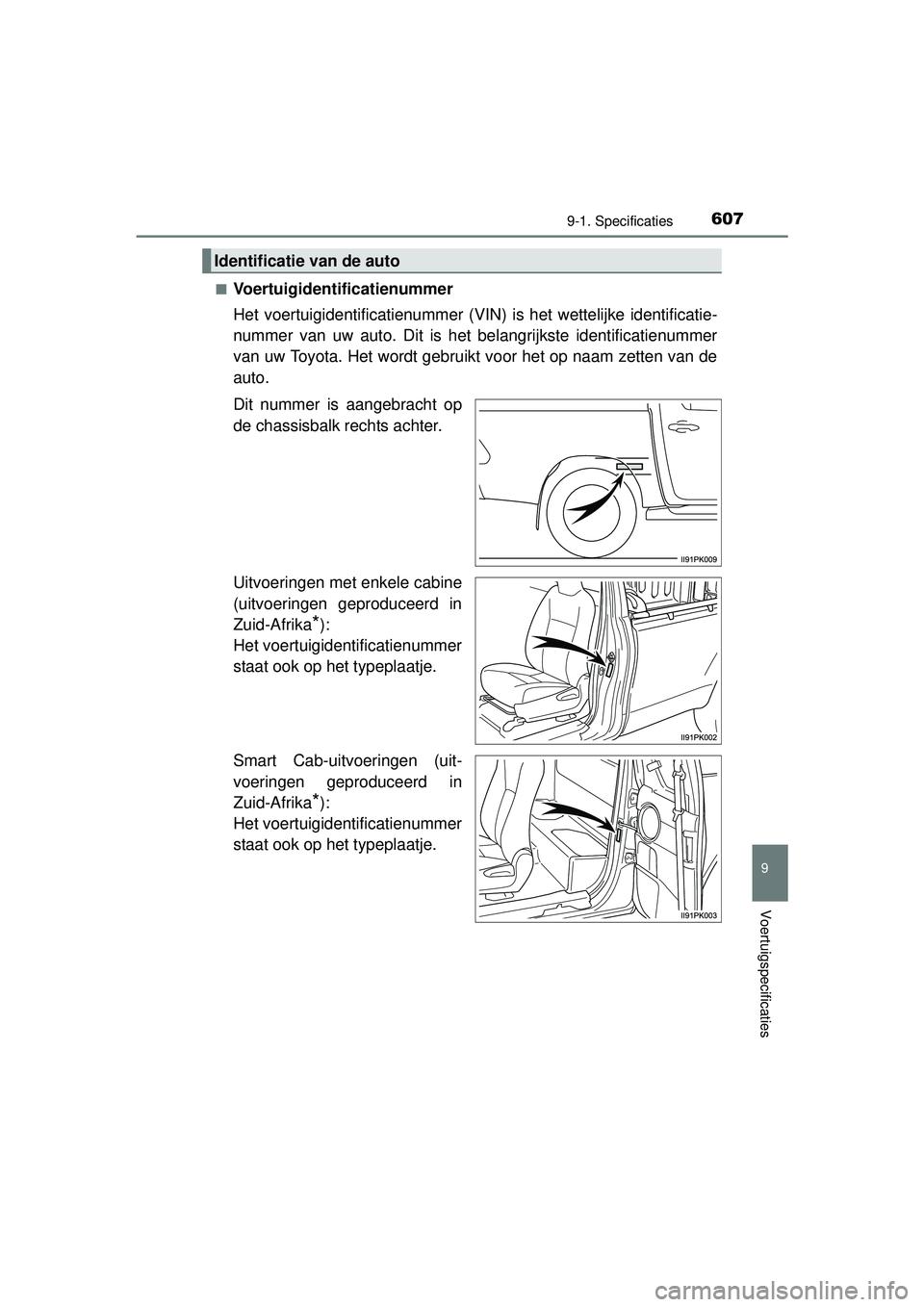 TOYOTA HILUX 2016 Instructieboekje (in Dutch) 607
9
9-1. Specificaties
Voertuigspecificaties
HILUX_OM_OM0K269E_(EE)■
Voertuigidentificatienummer
Het voertuigidentificatienummer (VIN
) is het wettelijke identificatie-
nummer van uw auto. Dit is TOYOTA HILUX 2016 Instructieboekje (in Dutch) 607
9
9-1. Specificaties
Voertuigspecificaties
HILUX_OM_OM0K269E_(EE)■
Voertuigidentificatienummer
Het voertuigidentificatienummer (VIN
) is het wettelijke identificatie-
nummer van uw auto. Dit is