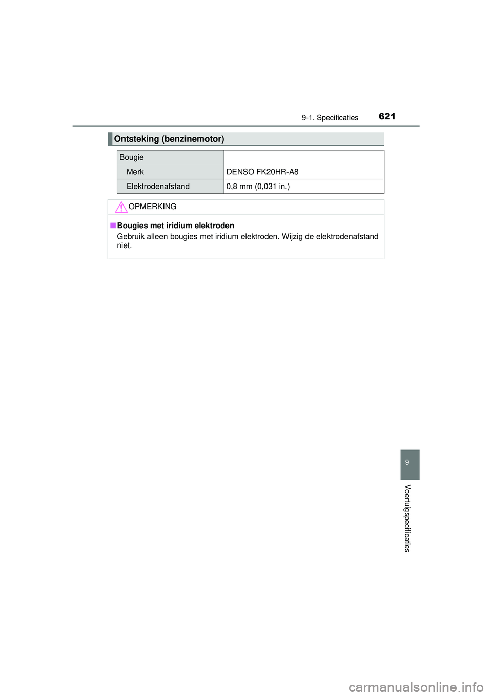 TOYOTA HILUX 2016  Instructieboekje (in Dutch) 621
9
9-1. Specificaties
Voertuigspecificaties
HILUX_OM_OM0K269E_(EE)
Ontsteking (benzinemotor)
Bougie
MerkDENSO FK20HR-A8
Elektrodenafstand0,8 mm (0,031 in.)
OPMERKING
■Bougies met iridium elektrod