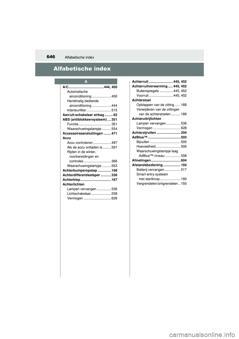 TOYOTA HILUX 2016  Instructieboekje (in Dutch) 646Alfabetische index
HILUX_OM_OM0K269E_(EE)
Alfabetische index
A/C..................................... 444, 450Automatische 
airconditioning .................... 450
Handmatig bediende  aircondition