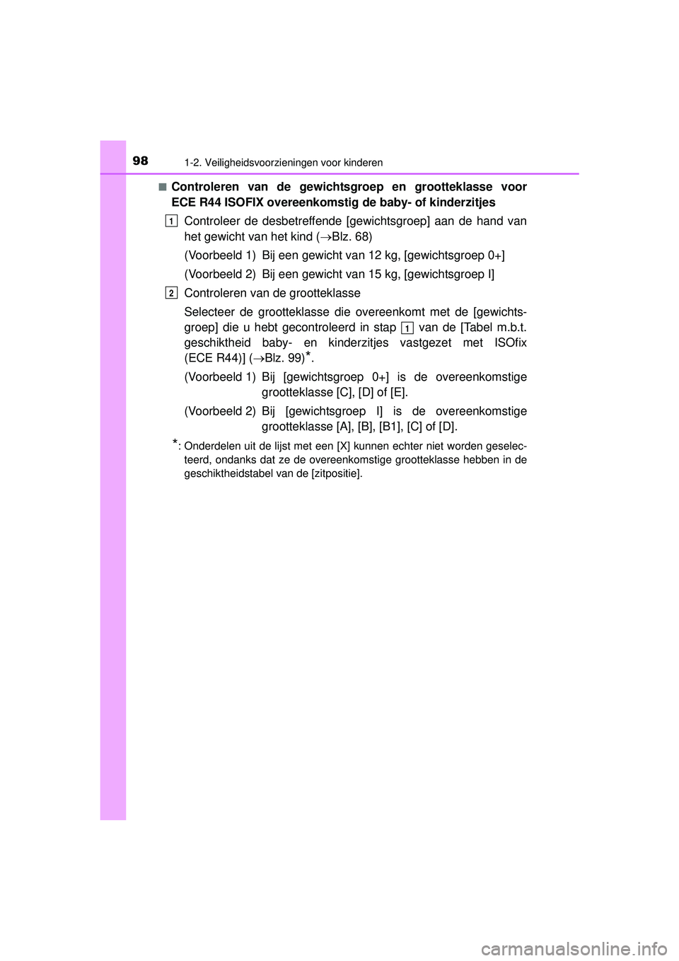 TOYOTA HILUX 2016 Instructieboekje (in Dutch) 981-2. Veiligheidsvoorzieningen voor kinderen
HILUX_OM_OM0K269E_(EE)■
Controleren van de gewichtsgroep en grootteklasse voor
ECE R44 ISOFIX overeenkomstig
de baby- of kinderzitjes
Controleer de des TOYOTA HILUX 2016 Instructieboekje (in Dutch) 981-2. Veiligheidsvoorzieningen voor kinderen
HILUX_OM_OM0K269E_(EE)■
Controleren van de gewichtsgroep en grootteklasse voor
ECE R44 ISOFIX overeenkomstig
de baby- of kinderzitjes
Controleer de des