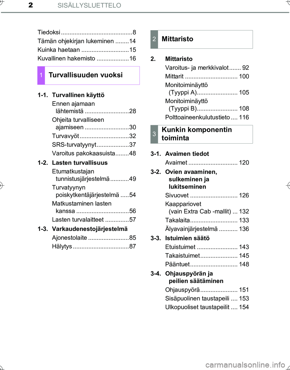 TOYOTA HILUX 2016 Omistajan Käsikirja (in Finnish) SISÄLLYSLUETTELO2
OM0K269FITiedoksi ..........................................8
Tämän ohjekirjan lukeminen ........14
Kuinka haetaan ............................15
Kuvallinen hakemisto ............ TOYOTA HILUX 2016 Omistajan Käsikirja (in Finnish) SISÄLLYSLUETTELO2
OM0K269FITiedoksi ..........................................8
Tämän ohjekirjan lukeminen ........14
Kuinka haetaan ............................15
Kuvallinen hakemisto ............