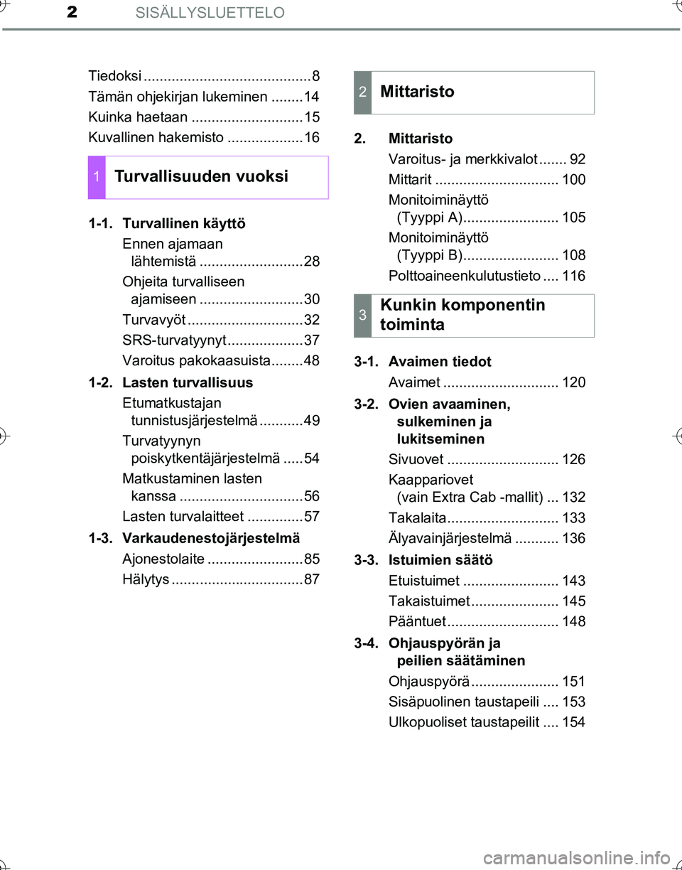 TOYOTA HILUX 2016  Omistajan Käsikirja (in Finnish) SISÄLLYSLUETTELO2
OM0K269FITiedoksi ..........................................8
Tämän ohjekirjan lukeminen ........14
Kuinka haetaan ............................15
Kuvallinen hakemisto ............