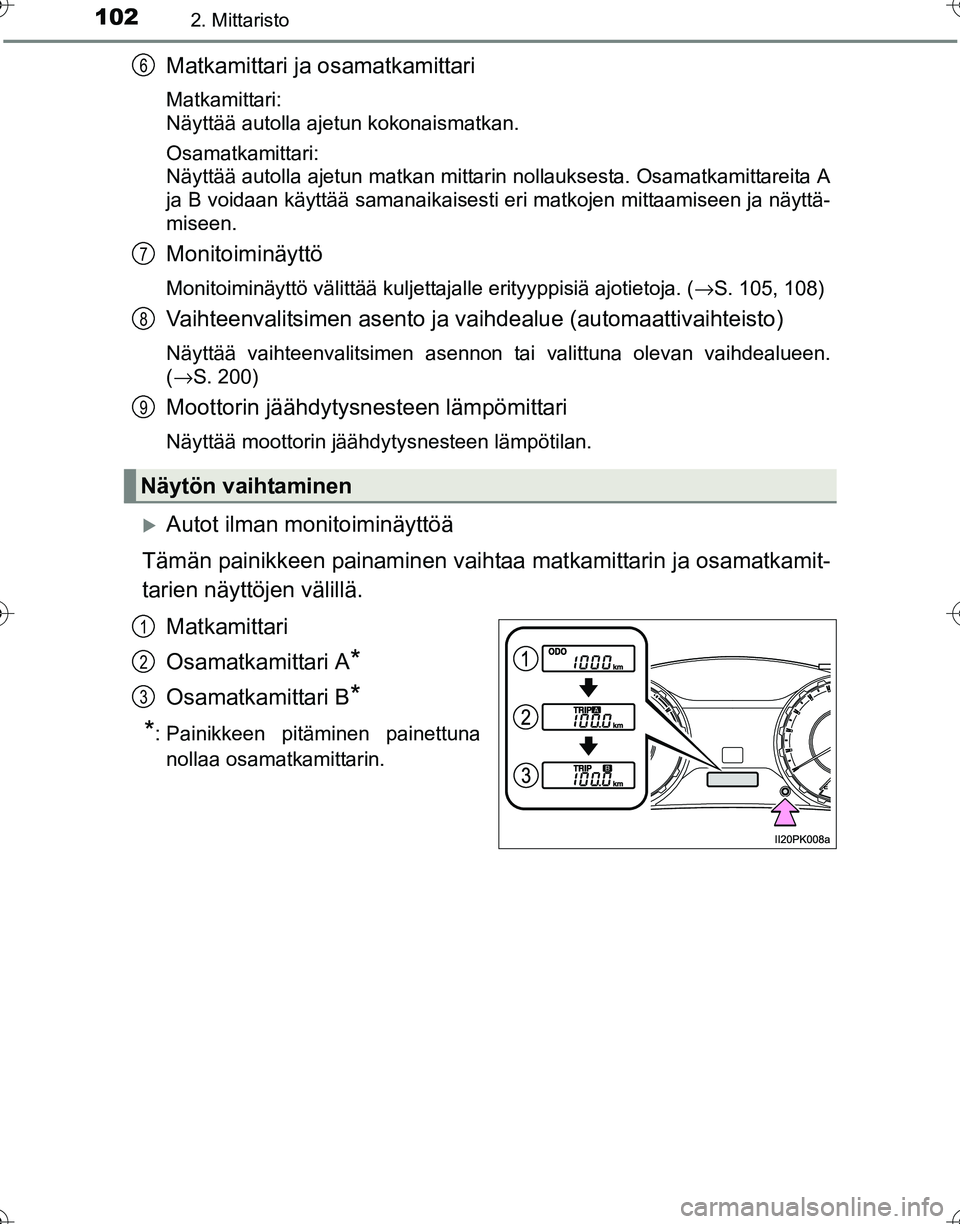TOYOTA HILUX 2016  Omistajan Käsikirja (in Finnish) 1022. Mittaristo
OM0K269FI
Matkamittari ja osamatkamittari
Matkamittari: 
Näyttää autolla ajetun kokonaismatkan.
Osamatkamittari: 
Näyttää autolla ajetun matkan mittarin nollauksesta. Osamatkami