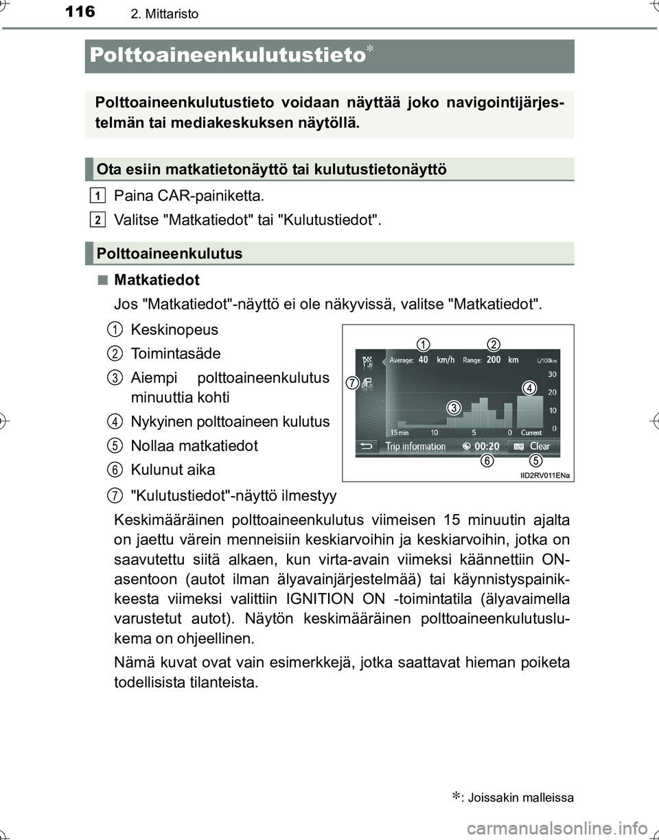 TOYOTA HILUX 2016 Omistajan Käsikirja (in Finnish) 1162. Mittaristo
OM0K269FI
Polttoaineenkulutustieto∗
Paina CAR-painiketta.
Valitse "Matkatiedot" tai "Kulutustiedot".
■Matkatiedot
Jos "Matkatiedot"-näyttö ei ole näkyvissä, valitse "Matkatied TOYOTA HILUX 2016 Omistajan Käsikirja (in Finnish) 1162. Mittaristo
OM0K269FI
Polttoaineenkulutustieto∗
Paina CAR-painiketta.
Valitse "Matkatiedot" tai "Kulutustiedot".
■Matkatiedot
Jos "Matkatiedot"-näyttö ei ole näkyvissä, valitse "Matkatied