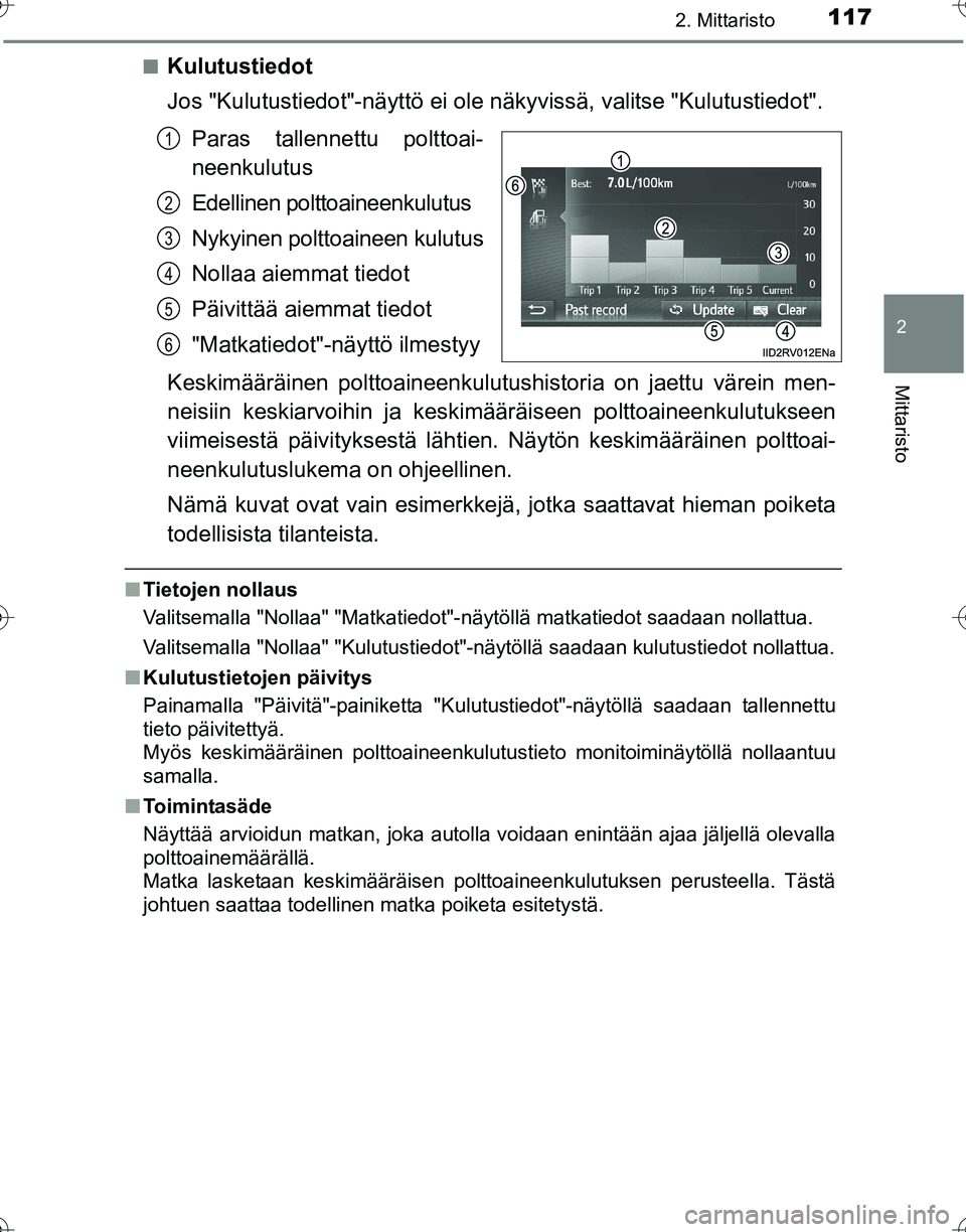 TOYOTA HILUX 2016 Omistajan Käsikirja (in Finnish) 1172. Mittaristo
2
Mittaristo
OM0K269FI■
Kulutustiedot
Jos "Kulutustiedot"-näyt
tö ei ole näkyvissä, valitse "Kulutustiedot".
Paras tallennettu polttoai-
neenkulutus
Edellinen polttoaineenkulutu TOYOTA HILUX 2016 Omistajan Käsikirja (in Finnish) 1172. Mittaristo
2
Mittaristo
OM0K269FI■
Kulutustiedot
Jos "Kulutustiedot"-näyt
tö ei ole näkyvissä, valitse "Kulutustiedot".
Paras tallennettu polttoai-
neenkulutus
Edellinen polttoaineenkulutu
