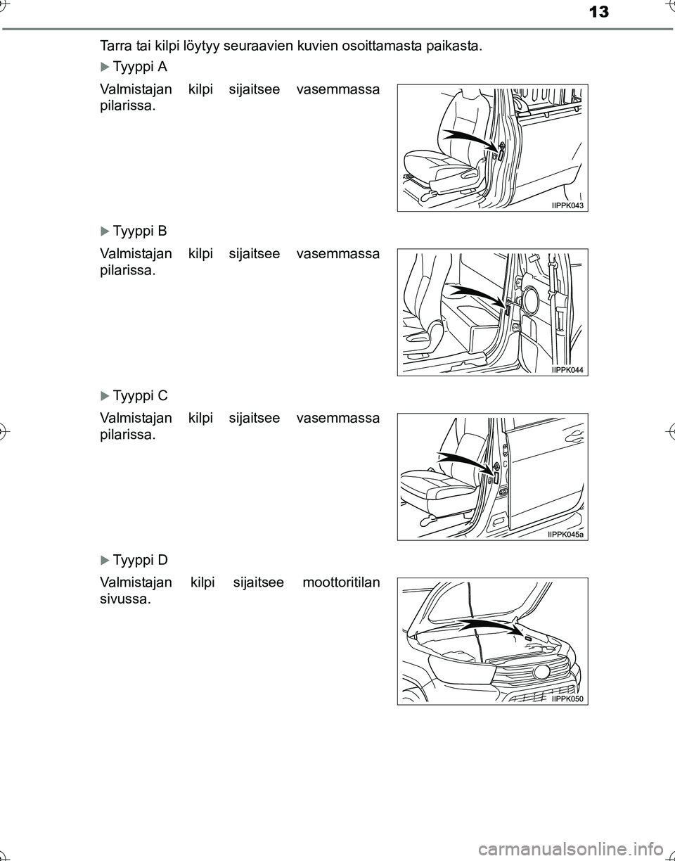 TOYOTA HILUX 2016  Omistajan Käsikirja (in Finnish) 13
OM0K269FITarra tai kilpi löytyy seuraavien kuvien osoittamasta paikasta.
�XTyyppi A
�XTyyppi B
�XTyyppi C
�XTyyppi D
Valmistajan kilpi sijaitsee vasemmassa
pilarissa.
Valmistajan kilpi sijaitsee v