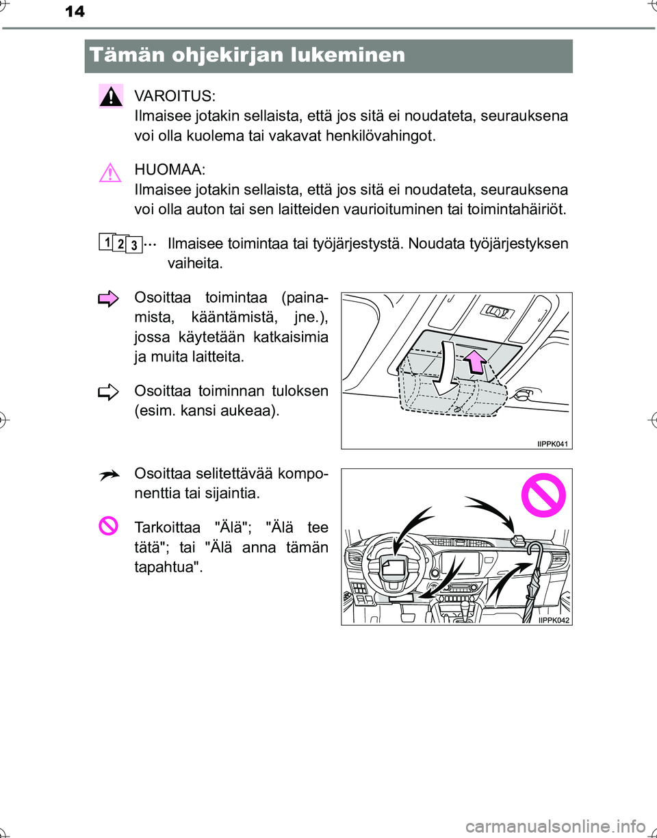 TOYOTA HILUX 2016  Omistajan Käsikirja (in Finnish) 14
OM0K269FI
Tämän ohjekirjan lukeminen
VAROITUS: 
Ilmaisee jotakin sellaista, että jos sitä ei noudateta, seurauksena
voi olla kuolema tai vakavat henkilövahingot.
HUOMAA: 
Ilmaisee jotakin sell