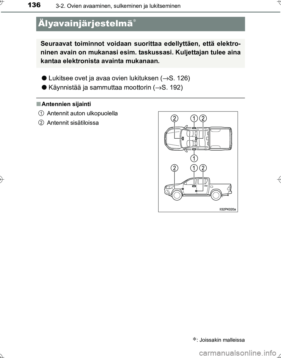 TOYOTA HILUX 2016  Omistajan Käsikirja (in Finnish) 1363-2. Ovien avaaminen, sulkeminen ja lukitseminen
OM0K269FI
Älyavainjärjestelmä∗
●Lukitsee ovet ja avaa ovien lukituksen ( →S. 126)
● Käynnistää ja sammuttaa moottorin ( →S. 192)
■