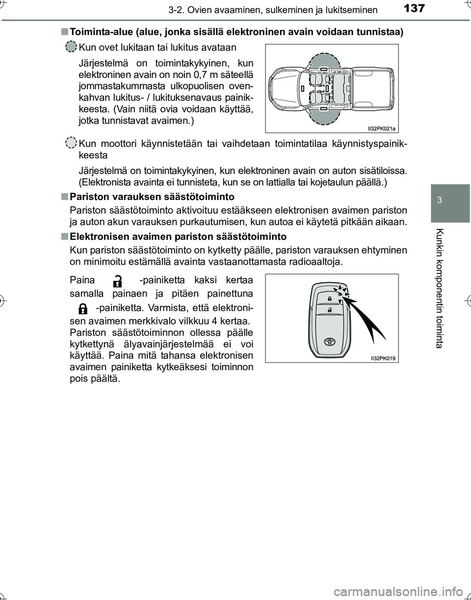 TOYOTA HILUX 2016  Omistajan Käsikirja (in Finnish) 1373-2. Ovien avaaminen, sulkeminen ja lukitseminen
3
Kunkin komponentin toiminta
OM0K269FI■
Toiminta-alue (alue, jonka sisällä  elektroninen avain voidaan tunnistaa)
Kun moottori käynnistetään