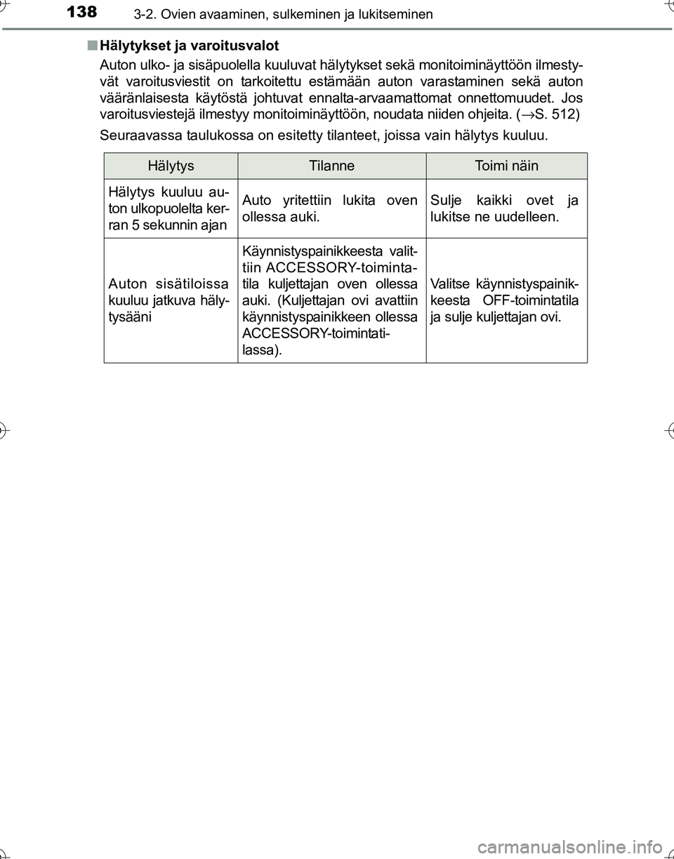 TOYOTA HILUX 2016  Omistajan Käsikirja (in Finnish) 1383-2. Ovien avaaminen, sulkeminen ja lukitseminen
OM0K269FI■
Hälytykset ja varoitusvalot
Auton ulko- ja sisäpuolella kuuluvat hä lytykset sekä monitoiminäyttöön ilmesty-
vät varoitusviesti