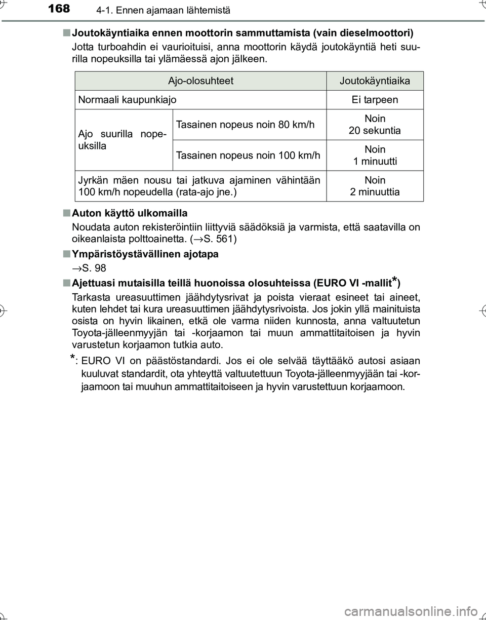 TOYOTA HILUX 2016  Omistajan Käsikirja (in Finnish) 1684-1. Ennen ajamaan lähtemistä
OM0K269FI■
Joutokäyntiaika ennen moottorin sam muttamista (vain dieselmoottori)
Jotta turboahdin ei vaurioituisi, anna moottorin käydä joutokäyntiä heti suu-
