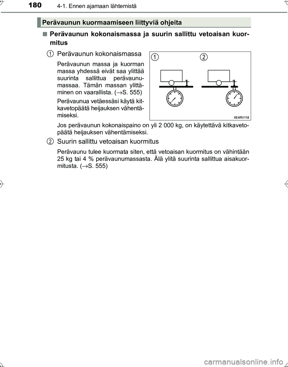 TOYOTA HILUX 2016  Omistajan Käsikirja (in Finnish) 1804-1. Ennen ajamaan lähtemistä
OM0K269FI■
Perävaunun kokonaismassa ja suur
in sallittu vetoaisan kuor-
mitus
Perävaunun kokonaismassa
Perävaunun massa ja kuorman
massa yhdessä eivät saa yli