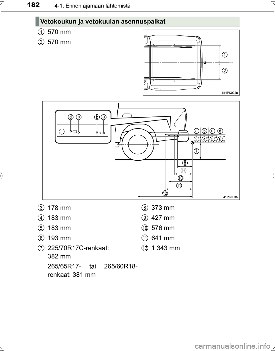 TOYOTA HILUX 2016  Omistajan Käsikirja (in Finnish) 1824-1. Ennen ajamaan lähtemistä
OM0K269FI
570 mm
570 mm
Vetokoukun ja vetokuulan asennuspaikat
1
2
178 mm
183 mm
183 mm
193 mm
225/70R17C-renkaat: 
382 mm
265/65R17- tai 265/60R18-
renkaat: 381 mm3