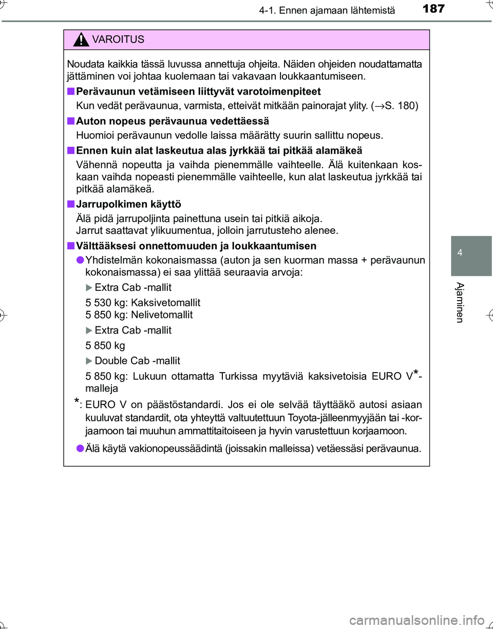 TOYOTA HILUX 2016  Omistajan Käsikirja (in Finnish) 1874-1. Ennen ajamaan lähtemistä
4
Ajaminen
OM0K269FI
VAROITUS
Noudata kaikkia tässä luvussa annettuja ohjeita. Näiden ohjeiden noudattamatta
jättäminen voi johtaa kuolemaan tai vakavaan loukka