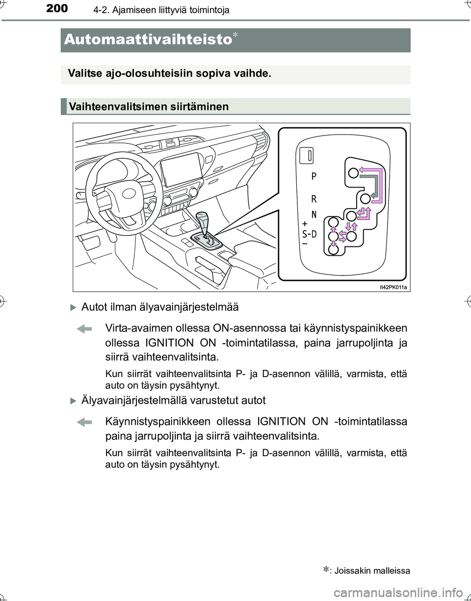 TOYOTA HILUX 2016  Omistajan Käsikirja (in Finnish) 2004-2. Ajamiseen liittyviä toimintoja
OM0K269FI
Automaattivaihteisto∗
�XAutot ilman älyavainjärjestelmääVirta-avaimen ollessa ON-asennossa tai käynnistyspainikkeen
ollessa IGNITION ON -toimin