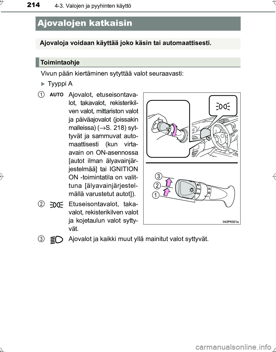 TOYOTA HILUX 2016  Omistajan Käsikirja (in Finnish) 2144-3. Valojen ja pyyhinten käyttö
OM0K269FI
Ajovalojen katkaisin
Vivun pään kiertäminen sytyttää valot seuraavasti:
�XTy y p p i  AAjovalot, etuseisontava-
lot, takavalot, rekisterikil-
ven v