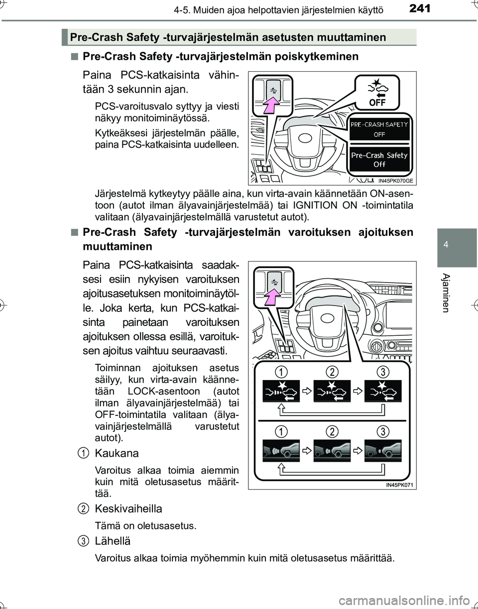 TOYOTA HILUX 2016 Omistajan Käsikirja (in Finnish) 2414-5. Muiden ajoa helpottavien järjestelmien käyttö
4
Ajaminen
OM0K269FI■
Pre-Crash Safety -turvajärjestelmän poiskytkeminen
Paina PCS-katkaisinta vähin-
tään 3 sekunnin ajan.
PCS-varoitus TOYOTA HILUX 2016 Omistajan Käsikirja (in Finnish) 2414-5. Muiden ajoa helpottavien järjestelmien käyttö
4
Ajaminen
OM0K269FI■
Pre-Crash Safety -turvajärjestelmän poiskytkeminen
Paina PCS-katkaisinta vähin-
tään 3 sekunnin ajan.
PCS-varoitus