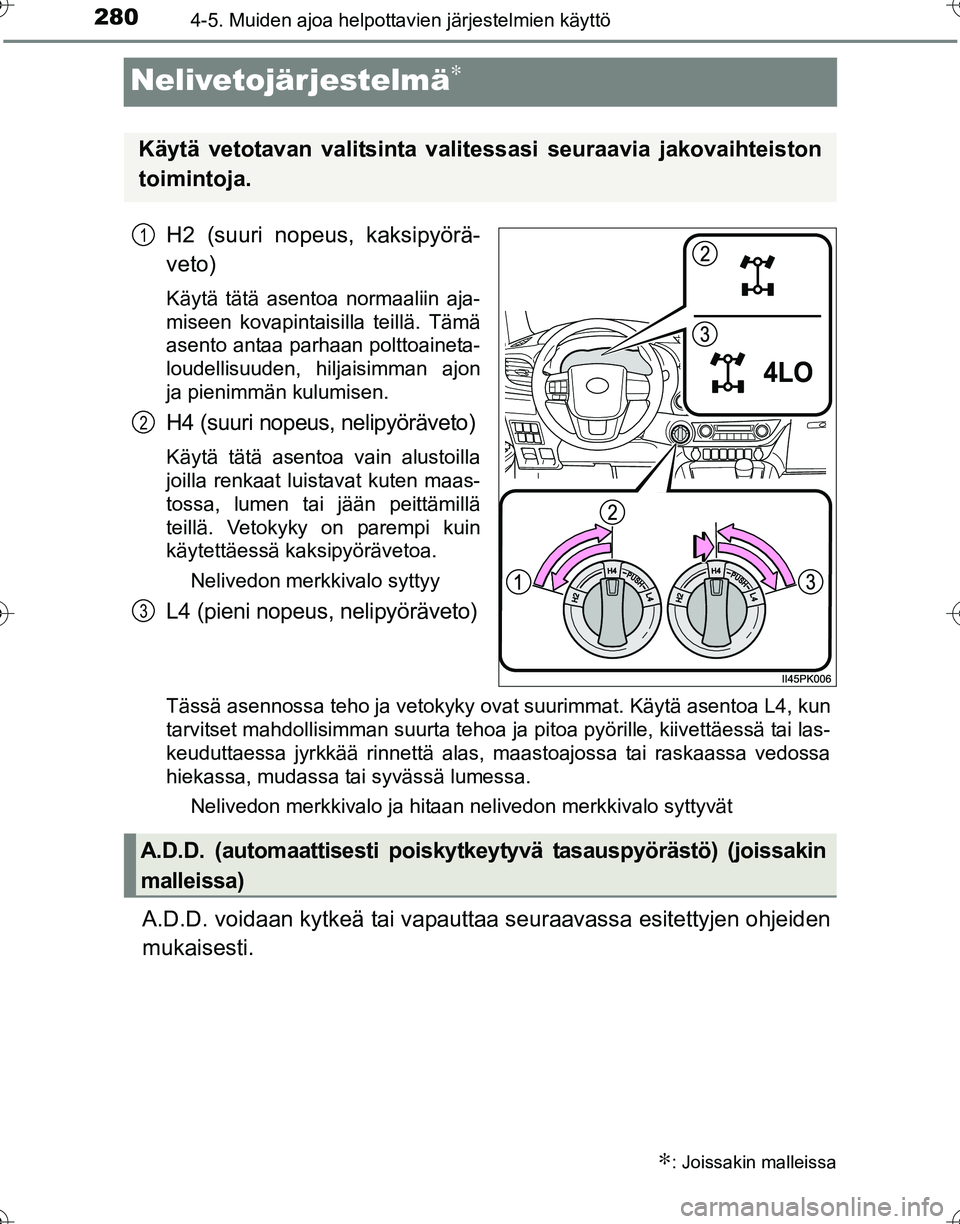 TOYOTA HILUX 2016 Omistajan Käsikirja (in Finnish) 2804-5. Muiden ajoa helpottavien järjestelmien käyttö
OM0K269FI
Nelivetojärjestelmä∗
H2 (suuri nopeus, kaksipyörä-
veto)
Käytä tätä asentoa normaaliin aja-
miseen kovapintaisilla teillä. TOYOTA HILUX 2016 Omistajan Käsikirja (in Finnish) 2804-5. Muiden ajoa helpottavien järjestelmien käyttö
OM0K269FI
Nelivetojärjestelmä∗
H2 (suuri nopeus, kaksipyörä-
veto)
Käytä tätä asentoa normaaliin aja-
miseen kovapintaisilla teillä.