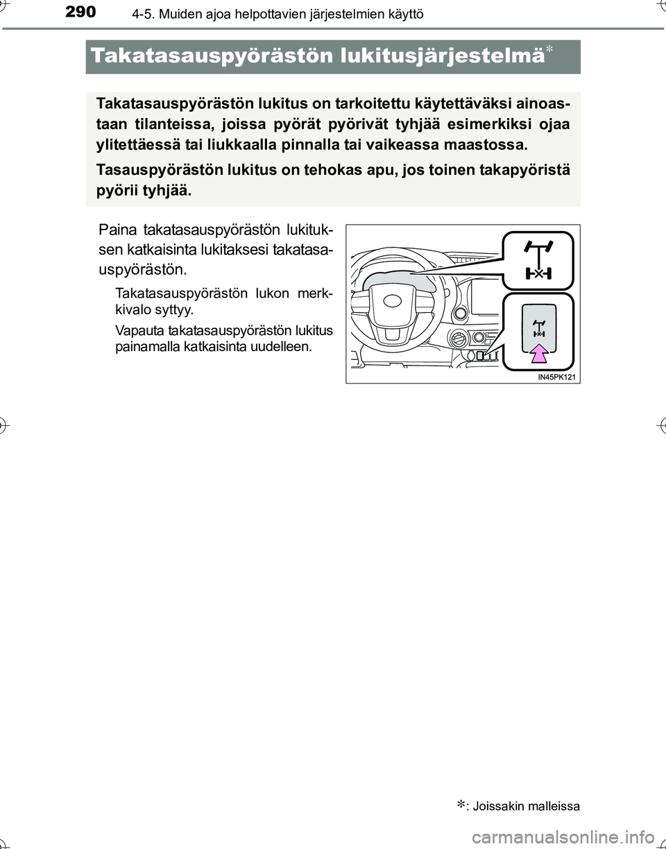 TOYOTA HILUX 2016 Omistajan Käsikirja (in Finnish) 2904-5. Muiden ajoa helpottavien järjestelmien käyttö
OM0K269FI
Takatasauspyörästön lukitusjärjestelmä∗
Paina takatasauspyörästön lukituk-
sen katkaisinta lukitaksesi takatasa-
uspyöräs TOYOTA HILUX 2016 Omistajan Käsikirja (in Finnish) 2904-5. Muiden ajoa helpottavien järjestelmien käyttö
OM0K269FI
Takatasauspyörästön lukitusjärjestelmä∗
Paina takatasauspyörästön lukituk-
sen katkaisinta lukitaksesi takatasa-
uspyöräs
