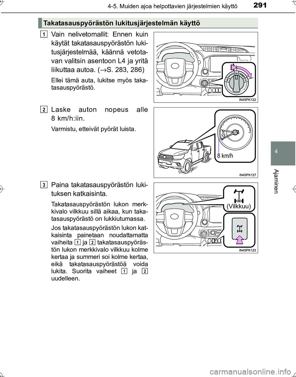 TOYOTA HILUX 2016 Omistajan Käsikirja (in Finnish) 2914-5. Muiden ajoa helpottavien järjestelmien käyttö
4
Ajaminen
OM0K269FI
Vain nelivetomallit: Ennen kuin
käytät takatasauspyörästön luki-
tusjärjestelmää, käännä vetota-
van valitsin a TOYOTA HILUX 2016 Omistajan Käsikirja (in Finnish) 2914-5. Muiden ajoa helpottavien järjestelmien käyttö
4
Ajaminen
OM0K269FI
Vain nelivetomallit: Ennen kuin
käytät takatasauspyörästön luki-
tusjärjestelmää, käännä vetota-
van valitsin a