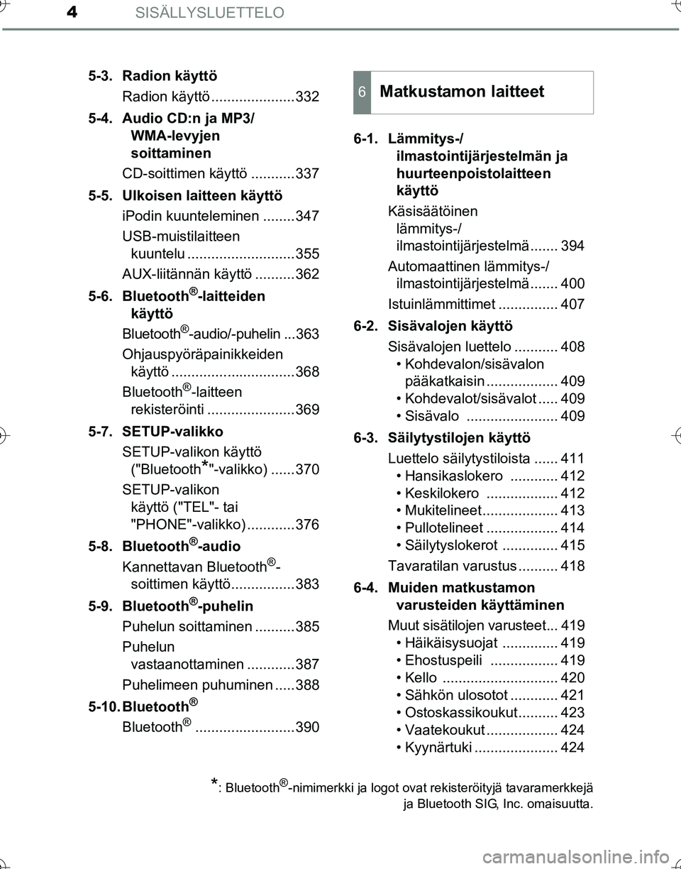 TOYOTA HILUX 2016  Omistajan Käsikirja (in Finnish) SISÄLLYSLUETTELO4
OM0K269FI5-3. Radion käyttö
Radion käyttö .....................332
5-4. Audio CD:n ja MP3/ WMA-levyjen 
soittaminen
CD-soittimen käyttö ...........337
5-5. Ulkoisen laitteen k