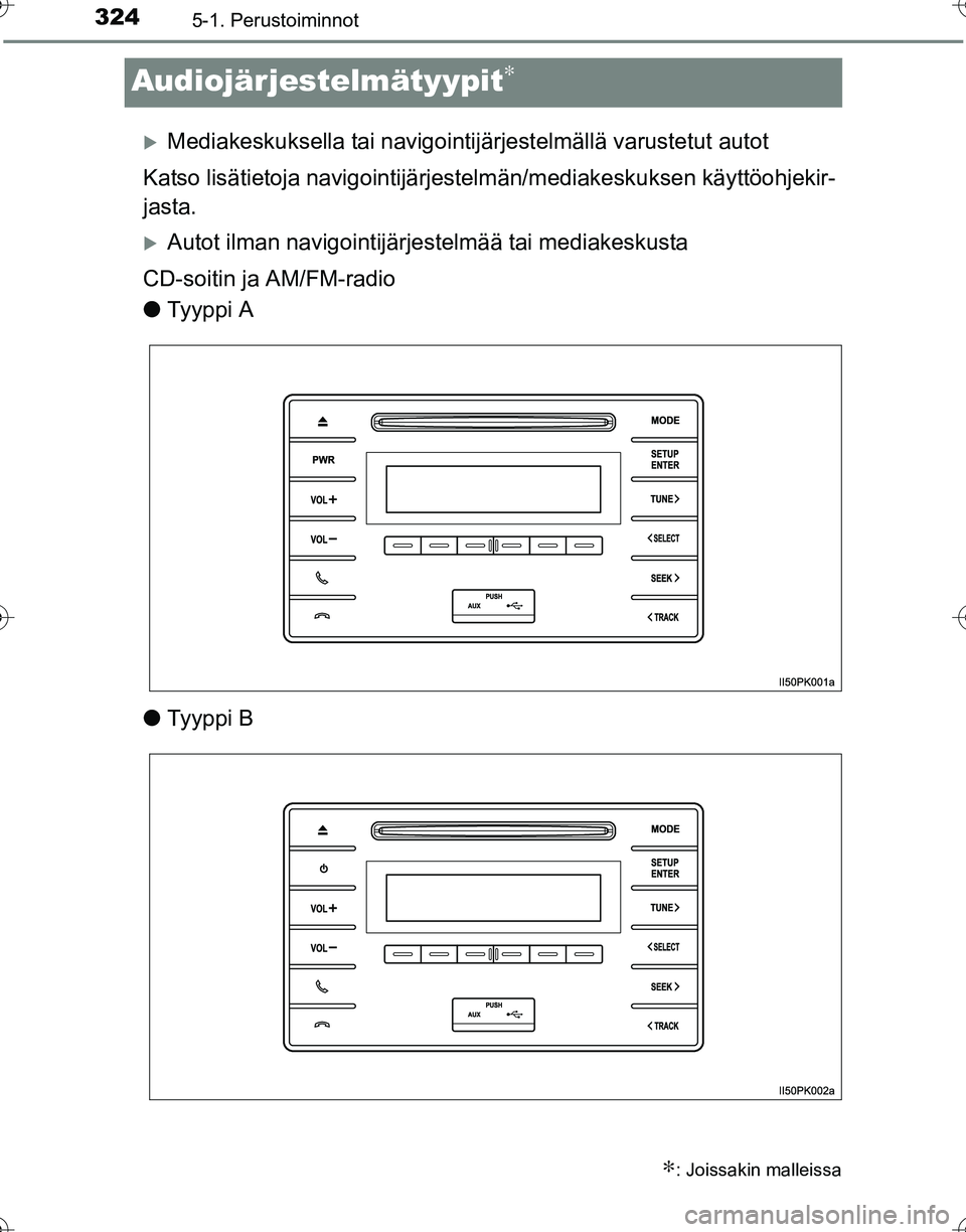 TOYOTA HILUX 2016  Omistajan Käsikirja (in Finnish) 3245-1. Perustoiminnot
OM0K269FI
Audiojärjestelmätyypit∗
�XMediakeskuksella tai navigointijärjestelmällä varustetut autot
Katso lisätietoja navigointijärjeste lmän/mediakeskuksen käyttöohj
