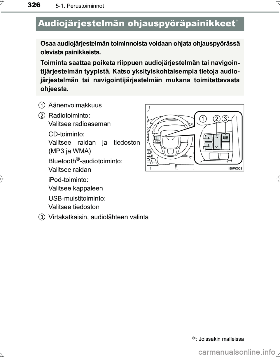 TOYOTA HILUX 2016  Omistajan Käsikirja (in Finnish) 3265-1. Perustoiminnot
OM0K269FI
Audiojärjestelmän ohjauspyöräpainikkeet∗
Äänenvoimakkuus
Radiotoiminto:
Valitsee radioaseman
CD-toiminto:
Valitsee raidan ja tiedoston
(MP3 ja WMA)
Bluetooth
