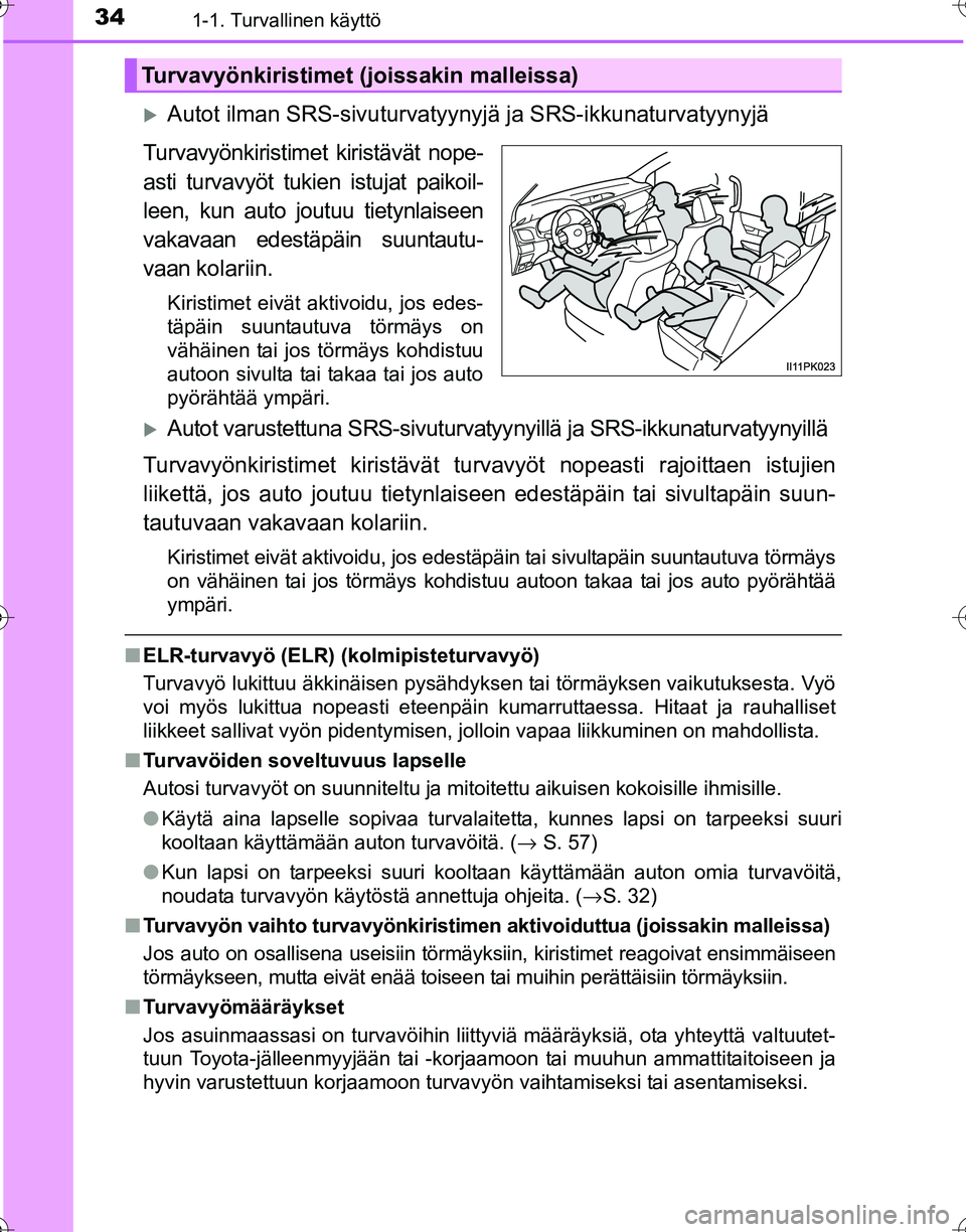 TOYOTA HILUX 2016  Omistajan Käsikirja (in Finnish) 341-1. Turvallinen käyttö
OM0K269FI
�XAutot ilman SRS-sivuturvatyynyjä ja SRS-ikkunaturvatyynyjä
Turvavyönkiristimet kiristävät nope-
asti turvavyöt tukien istujat paikoil-
leen, kun auto jout