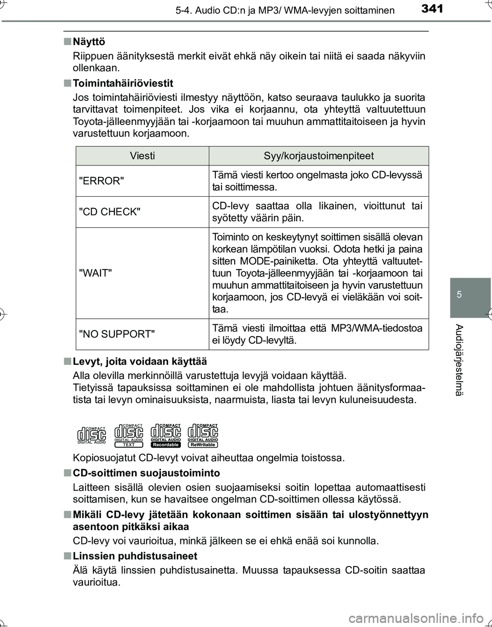 TOYOTA HILUX 2016 Omistajan Käsikirja (in Finnish) 3415-4. Audio CD:n ja MP3/ WMA-levyjen soittaminen
5
Audiojärjestelmä
OM0K269FI
■Näyttö
Riippuen äänityksestä merkit eivät ehkä näy oikein tai niitä ei saada näkyviin
ollenkaan.
■ Toim TOYOTA HILUX 2016 Omistajan Käsikirja (in Finnish) 3415-4. Audio CD:n ja MP3/ WMA-levyjen soittaminen
5
Audiojärjestelmä
OM0K269FI
■Näyttö
Riippuen äänityksestä merkit eivät ehkä näy oikein tai niitä ei saada näkyviin
ollenkaan.
■ Toim