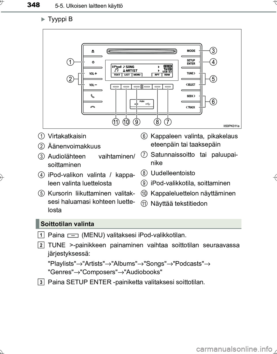 TOYOTA HILUX 2016  Omistajan Käsikirja (in Finnish) 3485-5. Ulkoisen laitteen käyttö
OM0K269FI
�XTy y p p i  B
Paina   (MENU) valitaksesi iPod-valikkotilan.
TUNE >-painikkeen painaminen vaihtaa soittotilan seuraavassa
järjestyksessä:
"Playlists"→