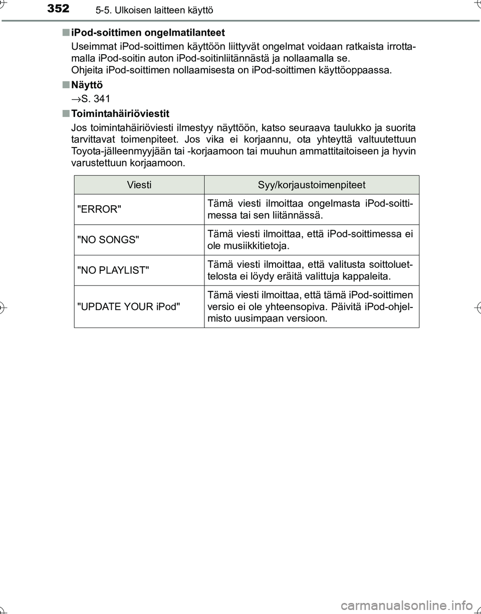 TOYOTA HILUX 2016 Omistajan Käsikirja (in Finnish) 3525-5. Ulkoisen laitteen käyttö
OM0K269FI■
iPod-soittimen ongelmatilanteet
Useimmat iPod-soittimen käyttöön liittyvät ongelmat voidaan ratkaista irrotta-
malla iPod-soitin auton iPod-soitinli TOYOTA HILUX 2016 Omistajan Käsikirja (in Finnish) 3525-5. Ulkoisen laitteen käyttö
OM0K269FI■
iPod-soittimen ongelmatilanteet
Useimmat iPod-soittimen käyttöön liittyvät ongelmat voidaan ratkaista irrotta-
malla iPod-soitin auton iPod-soitinli
