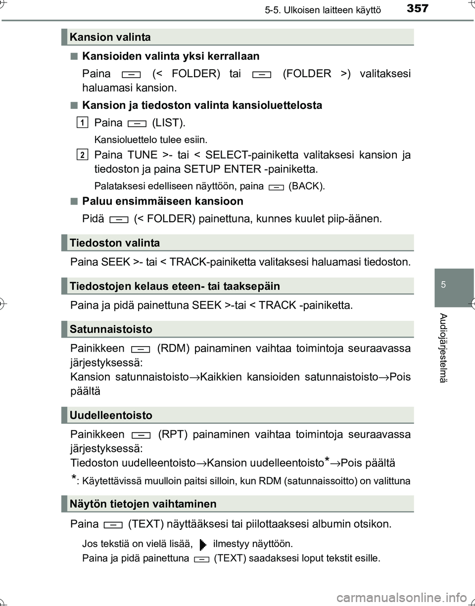 TOYOTA HILUX 2016  Omistajan Käsikirja (in Finnish) 3575-5. Ulkoisen laitteen käyttö
5
Audiojärjestelmä
OM0K269FI■
Kansioiden valinta yksi kerrallaan
Paina   (< FOLDER) tai   (FOLDER >) valitaksesi
haluamasi kansion.
■Kansion ja tiedoston valin