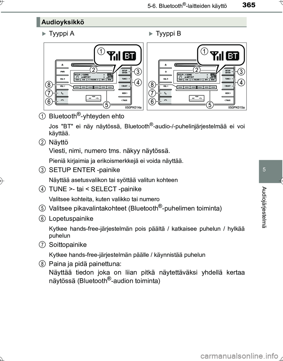 TOYOTA HILUX 2016 Omistajan Käsikirja (in Finnish) 3655-6. Bluetooth®-laitteiden käyttö
5
Audiojärjestelmä
OM0K269FI
Bluetooth®-yhteyden ehto
Jos "BT" ei näy näytössä, Bluetooth®-audio-/-puhelinjärjestelmää ei voi
käyttää.
Näyttö
V TOYOTA HILUX 2016 Omistajan Käsikirja (in Finnish) 3655-6. Bluetooth®-laitteiden käyttö
5
Audiojärjestelmä
OM0K269FI
Bluetooth®-yhteyden ehto
Jos "BT" ei näy näytössä, Bluetooth®-audio-/-puhelinjärjestelmää ei voi
käyttää.
Näyttö
V