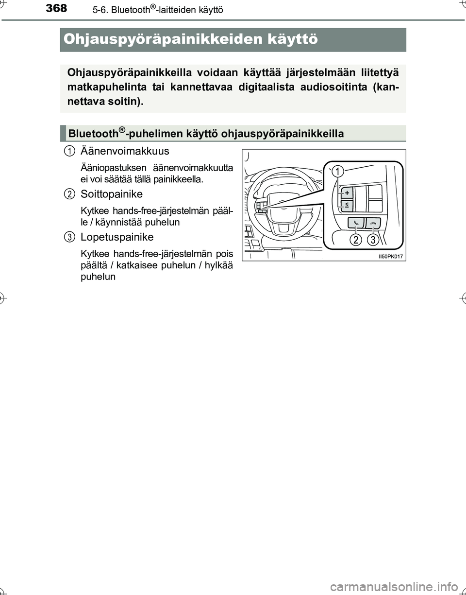 TOYOTA HILUX 2016 Omistajan Käsikirja (in Finnish) 3685-6. Bluetooth®-laitteiden käyttö
OM0K269FI
Ohjauspyöräpainikkeiden käyttö
Äänenvoimakkuus
Ääniopastuksen äänenvoimakkuutta
ei voi säätää tällä painikkeella.
Soittopainike
Kytkee TOYOTA HILUX 2016 Omistajan Käsikirja (in Finnish) 3685-6. Bluetooth®-laitteiden käyttö
OM0K269FI
Ohjauspyöräpainikkeiden käyttö
Äänenvoimakkuus
Ääniopastuksen äänenvoimakkuutta
ei voi säätää tällä painikkeella.
Soittopainike
Kytkee