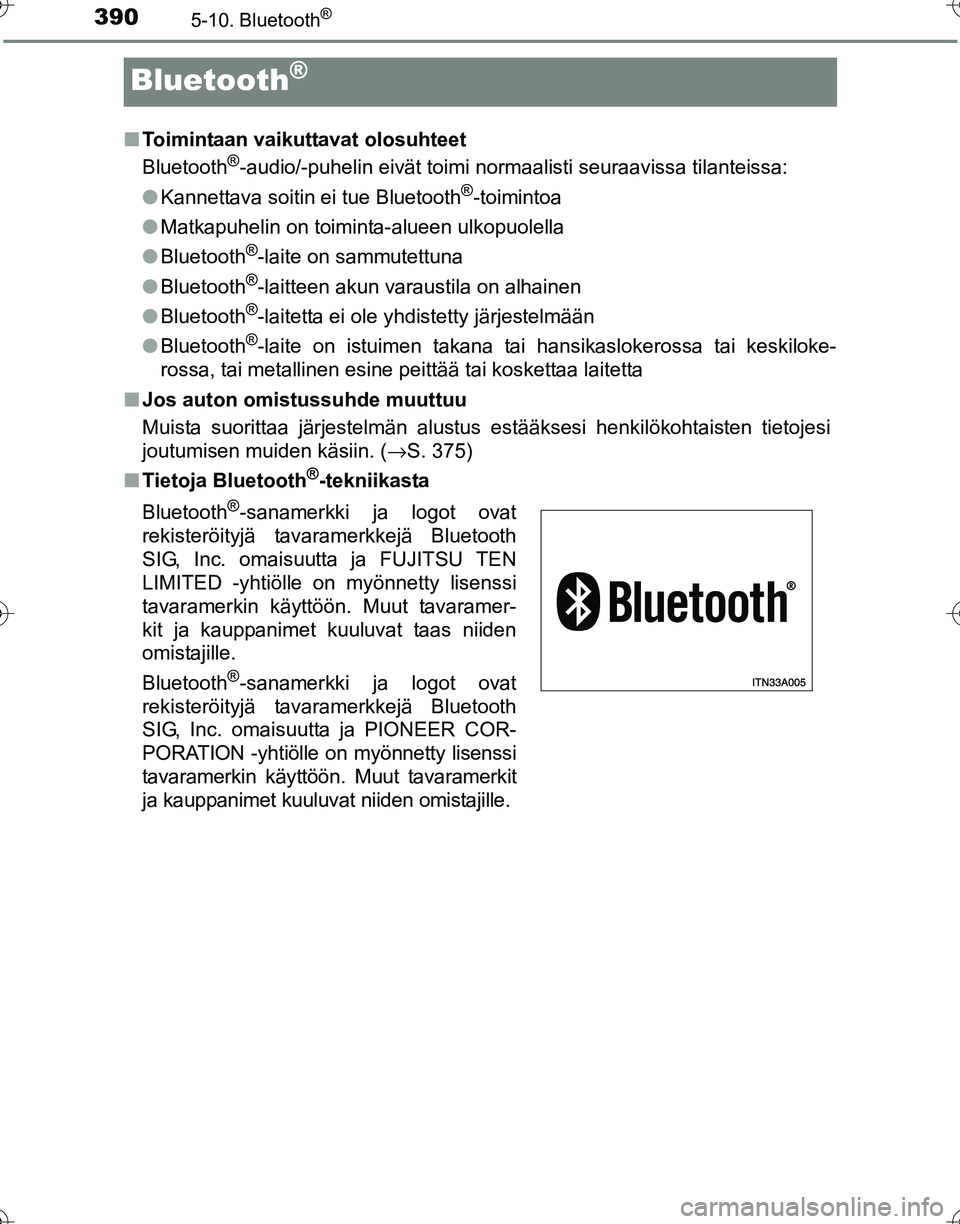 TOYOTA HILUX 2016  Omistajan Käsikirja (in Finnish) 3905-10. Bluetooth®
OM0K269FI
Bluetooth®
■Toimintaan vaikuttavat olosuhteet
Bluetooth®-audio/-puhelin eivät toimi normaalisti seuraavissa tilanteissa:
● Kannettava soitin ei tue Bluetooth
®-t