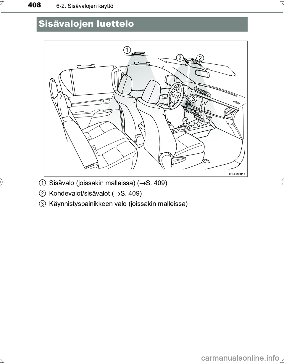 TOYOTA HILUX 2016  Omistajan Käsikirja (in Finnish) 4086-2. Sisävalojen käyttö
OM0K269FI
Sisävalojen luettelo
Sisävalo (joissakin malleissa) (→S. 409)
Kohdevalot/sisävalot ( →S. 409)
Käynnistyspainikkeen valo (joissakin malleissa)1
2
3
OM0K2