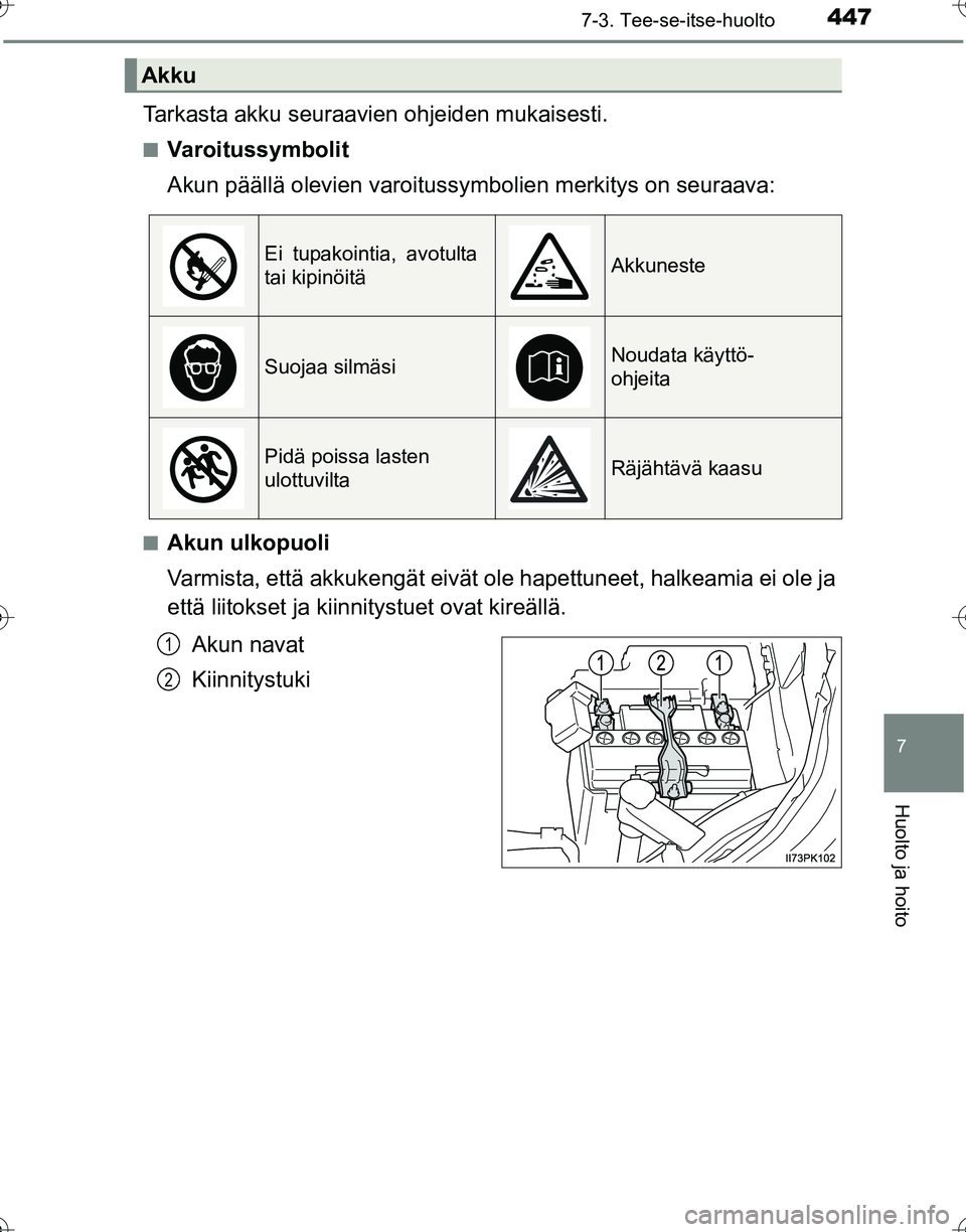 TOYOTA HILUX 2016  Omistajan Käsikirja (in Finnish) 4477-3. Tee-se-itse-huolto
OM0K269FI
7
Huolto ja hoito
Tarkasta akku seuraavien ohjeiden mukaisesti.
■Varoitussymbolit
Akun päällä olevien varoitussymbolien merkitys on seuraava:
■Akun ulkopuol