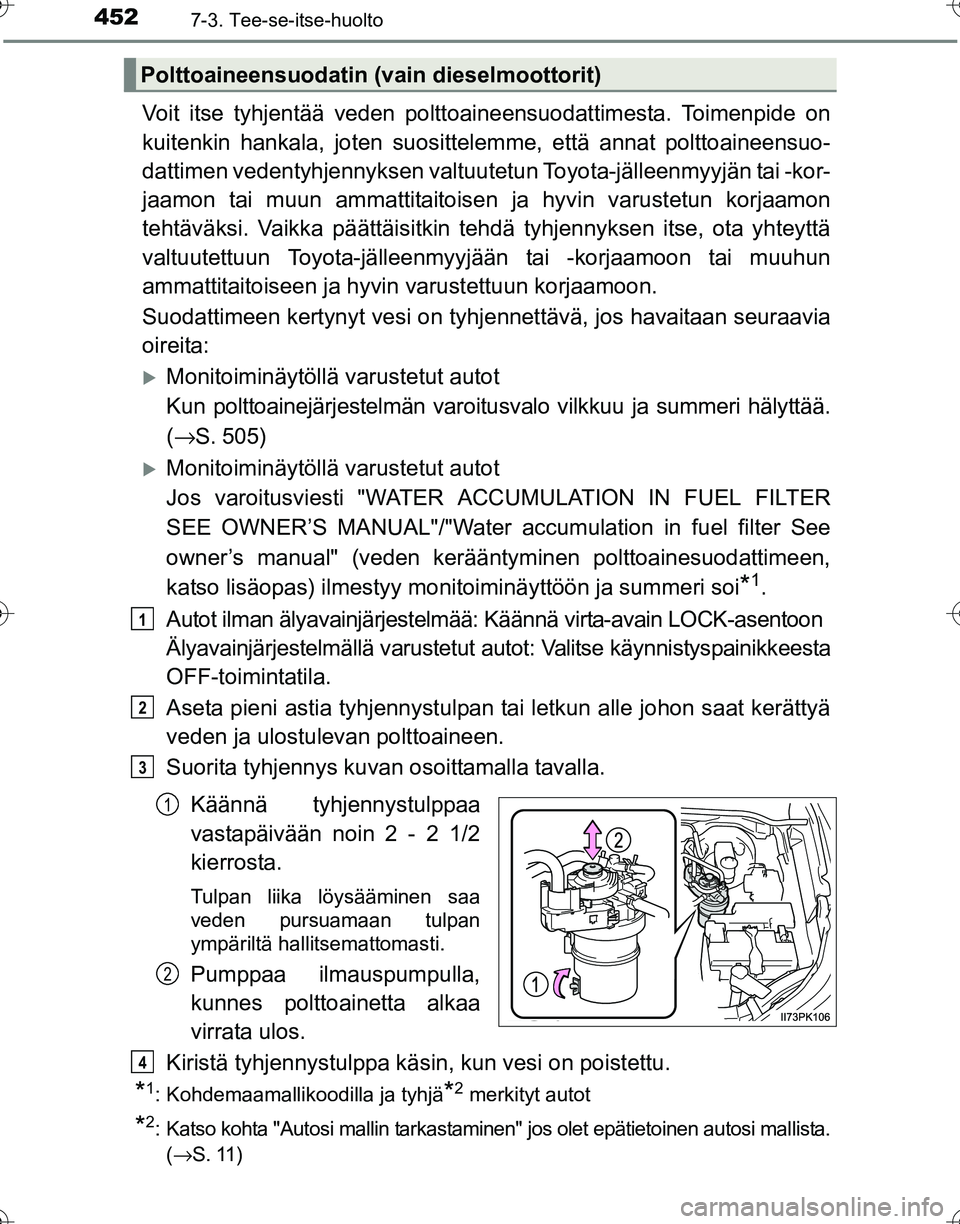 TOYOTA HILUX 2016  Omistajan Käsikirja (in Finnish) 4527-3. Tee-se-itse-huolto
OM0K269FI
Voit itse tyhjentää veden polttoaineensuodattimesta. Toimenpide on
kuitenkin hankala, joten suosittelemme, että annat polttoaineensuo-
dattimen vedentyhjennykse