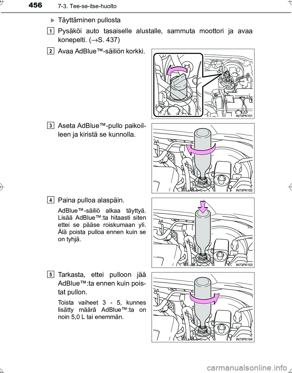 TOYOTA HILUX 2016  Omistajan Käsikirja (in Finnish) 4567-3. Tee-se-itse-huolto
OM0K269FI
�XTäyttäminen pullosta
Pysäköi auto tasaiselle alustalle, sammuta moottori ja avaa
konepelti. (→S. 437)
Avaa AdBlue™-säiliön korkki.
Aseta AdBlue™-pull