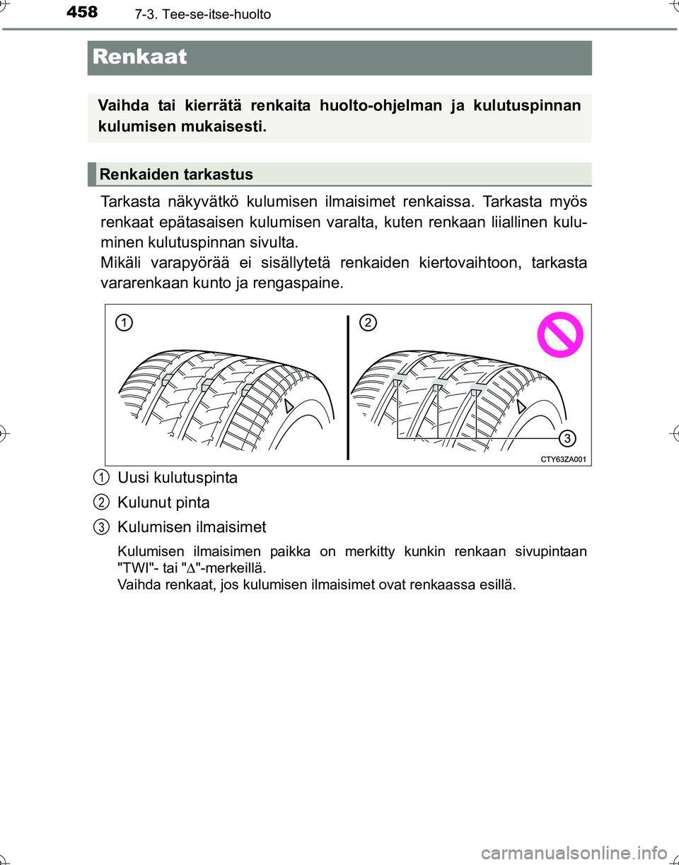 TOYOTA HILUX 2016  Omistajan Käsikirja (in Finnish) 4587-3. Tee-se-itse-huolto
OM0K269FI
Renkaat
Tarkasta näkyvätkö kulumisen ilmaisimet renkaissa. Tarkasta myös
renkaat epätasaisen kulumisen varalt a, kuten renkaan liiallinen kulu-
minen kulutusp