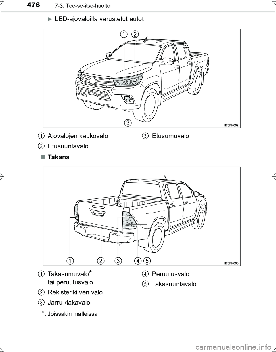 TOYOTA HILUX 2016  Omistajan Käsikirja (in Finnish) 4767-3. Tee-se-itse-huolto
OM0K269FI
�XLED-ajovaloilla varustetut autot
■Ta k a n a
*: Joissakin malleissa
Ajovalojen kaukovalo
EtusuuntavaloEtusumuvalo1
2
3
Takasumuvalo* 
tai peruutusvalo
Rekister