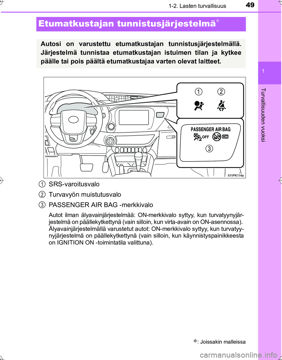 TOYOTA HILUX 2016  Omistajan Käsikirja (in Finnish) 491-2. Lasten turvallisuus
1
Turvallisuuden vuoksi
OM0K269FI
Etumatkustajan tunnistusjärjestelmä∗
SRS-varoitusvalo
Turvavyön muistutusvalo
PASSENGER AIR BAG -merkkivalo
Autot ilman älyavainjärj