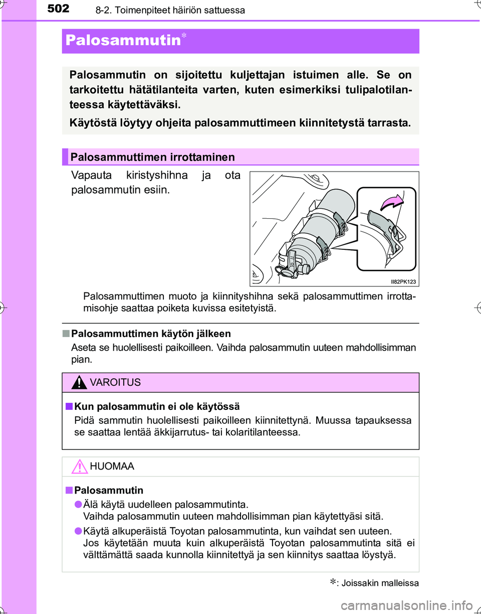 TOYOTA HILUX 2016  Omistajan Käsikirja (in Finnish) 5028-2. Toimenpiteet häiriön sattuessa
OM0K269FI
Palosammutin∗
Vapauta kiristyshihna ja ota
palosammutin esiin.
Palosammuttimen muoto ja kiinnityshihna sekä palosammuttimen irrotta-
misohje saatt