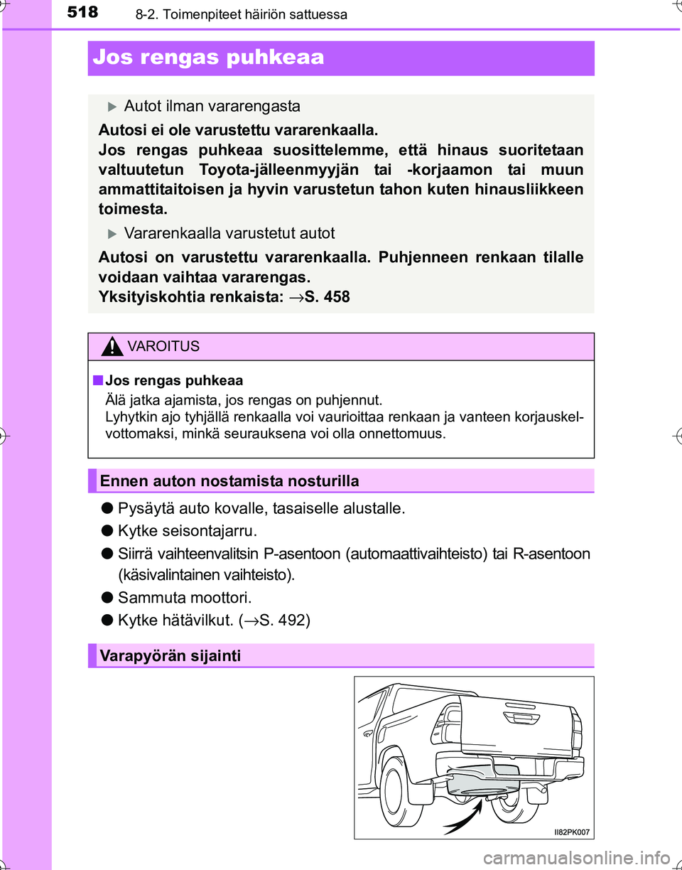 TOYOTA HILUX 2016  Omistajan Käsikirja (in Finnish) 5188-2. Toimenpiteet häiriön sattuessa
OM0K269FI
Jos rengas puhkeaa
●Pysäytä auto kovalle,  tasaiselle alustalle.
● Kytke seisontajarru.
● Siirrä vaihteenvalitsin P-asentoon ( automaattivai