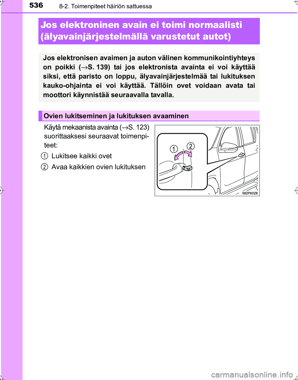 TOYOTA HILUX 2016  Omistajan Käsikirja (in Finnish) 5368-2. Toimenpiteet häiriön sattuessa
OM0K269FI
Jos elektroninen avain ei toimi normaalisti 
(älyavainjärjestelmällä varustetut autot)
Käytä mekaanista avainta (→S. 123)
suorittaaksesi seur
