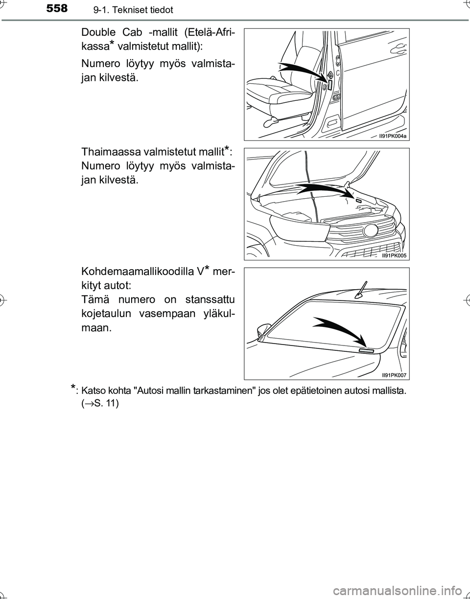 TOYOTA HILUX 2016  Omistajan Käsikirja (in Finnish) 5589-1. Tekniset tiedot
OM0K269FI
Double Cab -mallit (Etelä-Afri-
kassa
* valmistetut mallit):
Numero löytyy myös valmista-
jan kilvestä.
Thaimaassa valmistetut mallit
*: 
Numero löytyy myös val