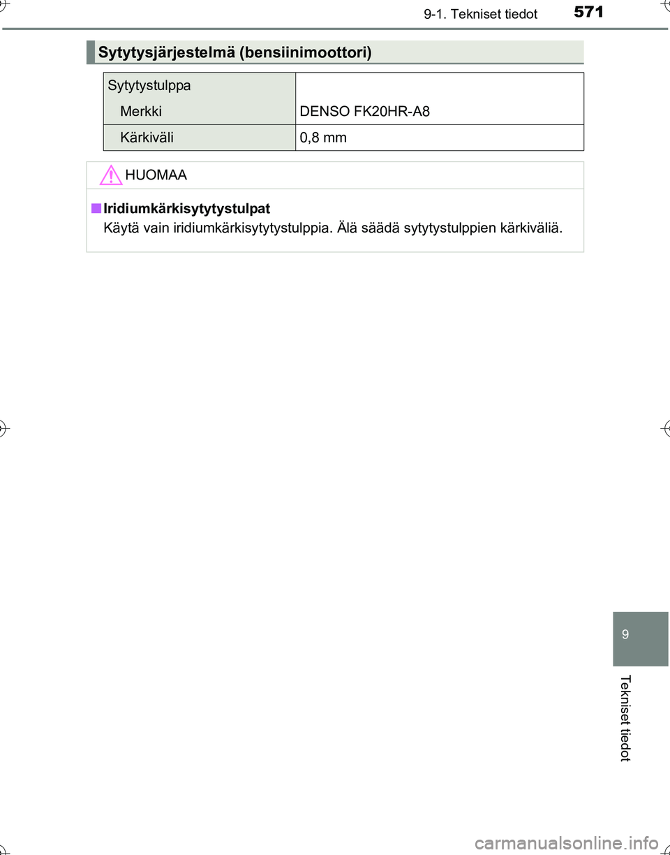 TOYOTA HILUX 2016  Omistajan Käsikirja (in Finnish) 571
9
9-1. Tekniset tiedot
Tekniset tiedot
OM0K269FI
Sytytysjärjestelmä (bensiinimoottori)
Sytytystulppa
MerkkiDENSO FK20HR-A8
Kärkiväli0,8 mm
HUOMAA
■Iridiumkärkisytytystulpat
Käytä vain iri