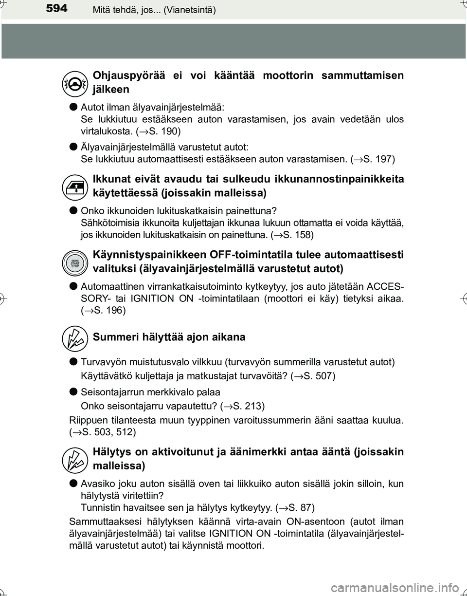TOYOTA HILUX 2016  Omistajan Käsikirja (in Finnish) 594Mitä tehdä, jos... (Vianetsintä)
OM0K269FI
●Autot ilman älyavainjärjestelmää:
Se lukkiutuu estääkseen auton varastamisen, jos avain vedetään ulos
virtalukosta. (→S. 190)
●Älyavain